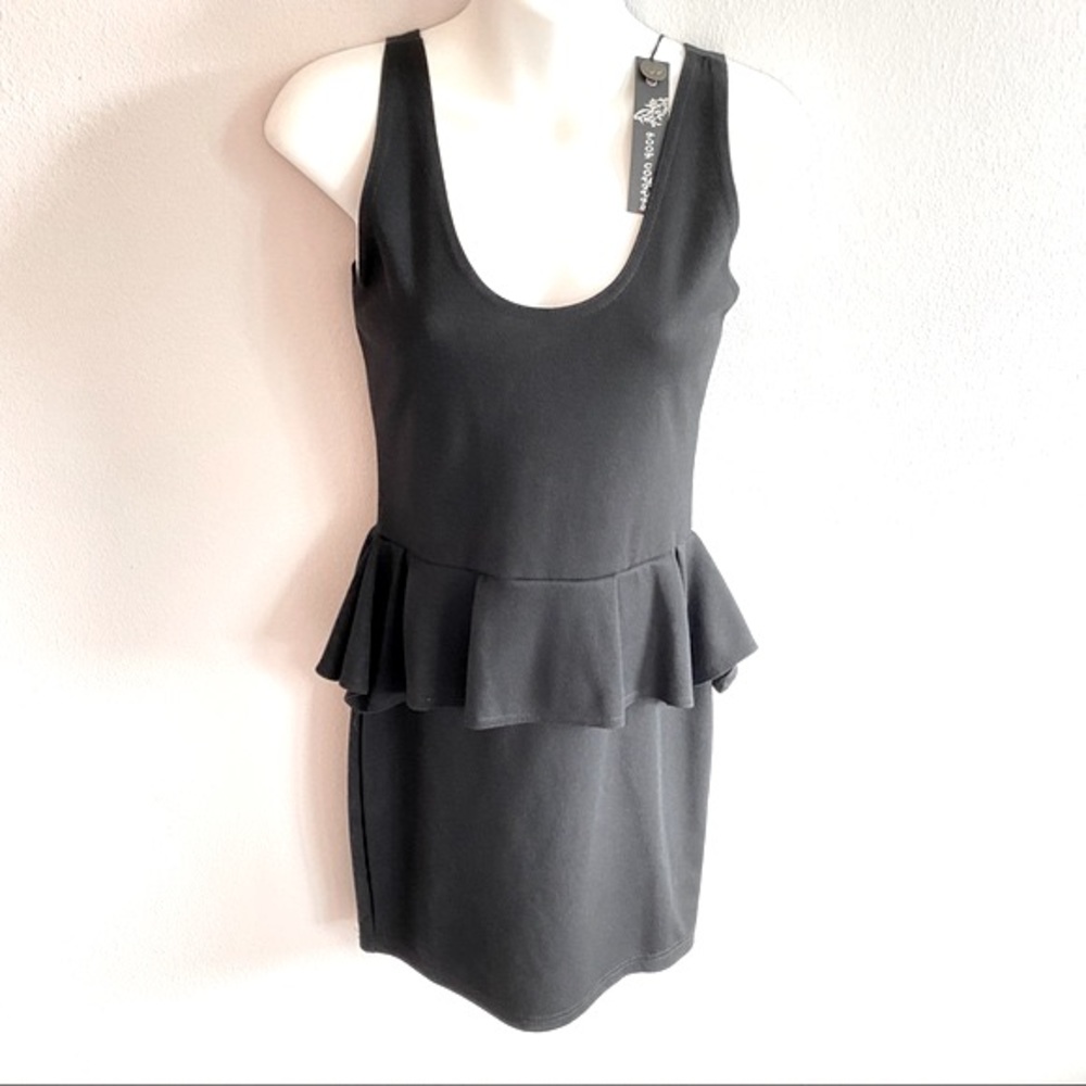 Poof Couture Snug Bodycon Peplum Tank Stretchy Black Mini Dress